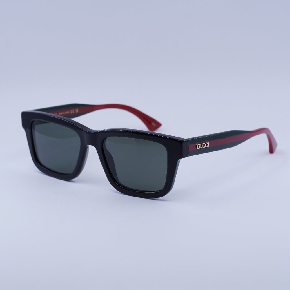 Gucci GG1869S 001 Sunglasses Shiny Black/Green/Red Square Frame, Grey Lenses - Picture 1 of 9